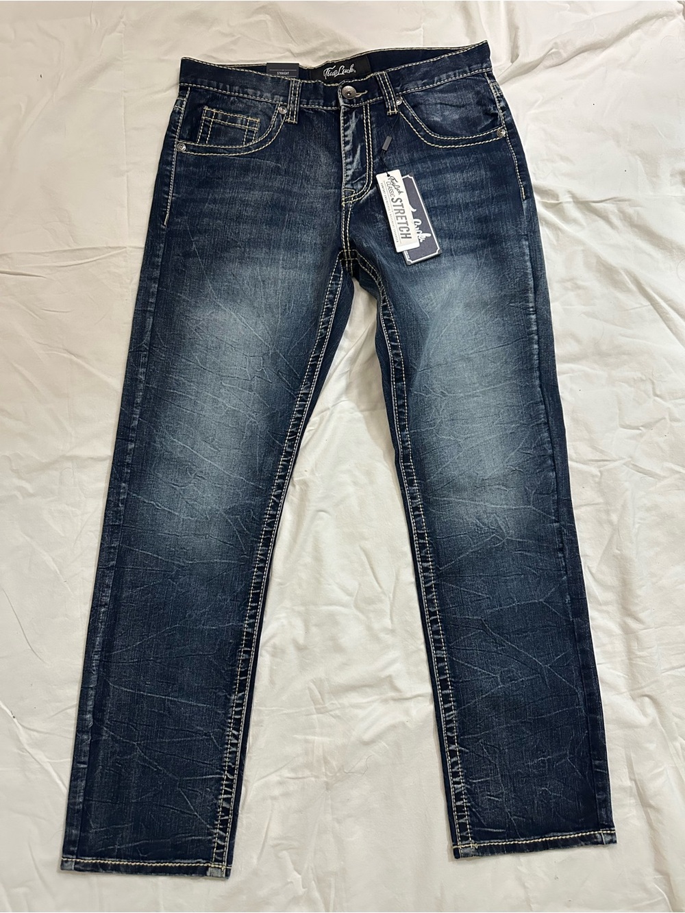 Dark Wash Artfully Distressed Stretch Jeans by True Luck Size 32 X 32
